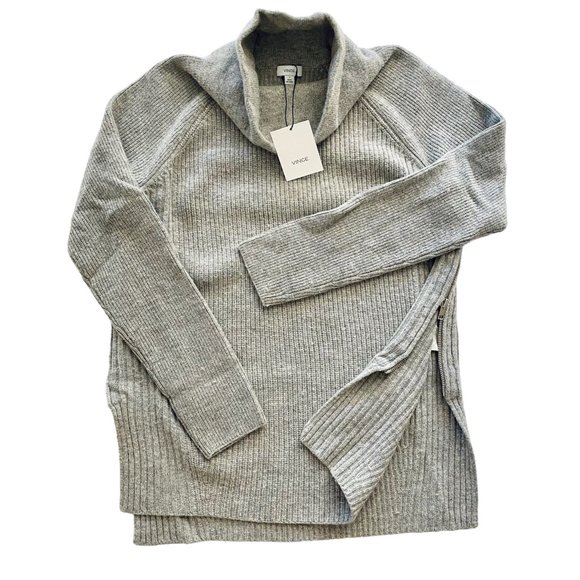 NWT Vince Cashmere Blend Ribbed Turtle Neck Side Zip Sweater Gray Size Small - Picture 3 of 5